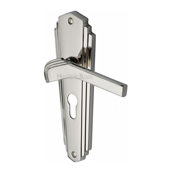 WAL6548-PNF • Euro Cylinder [47.5mm] • Polished Nickel • Heritage Brass Waldorf Art Deco Levers On Backplates