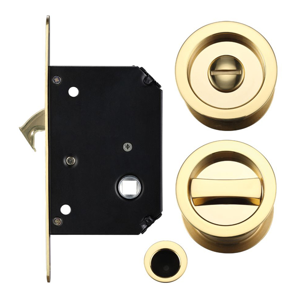 FB82 • For 35 to 45mm Door • Polished Brass • Fulton & Bray Sliding Bathroom Lock Set With Round Fittings