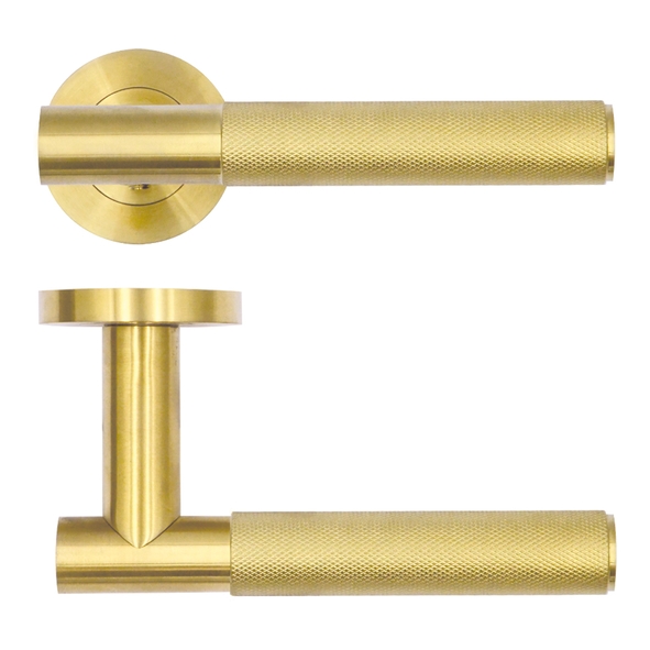 RT060PVDSB  PVD Satin Brass  Rosso Tecnica Orta Levers On Round Roses