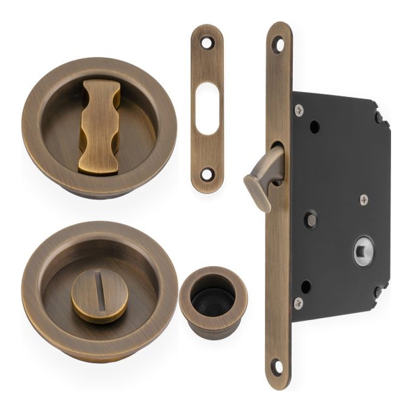 AW110RAB • For 35 to 45mm Door • Antique Brass • Alexander & Wilks Sliding Bathroom Door Lock Set With Round Fittings