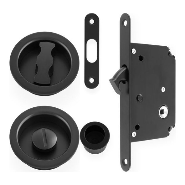 AW110RBL • For 35 to 45mm Door • Black • Alexander & Wilks Sliding Bathroom Door Lock Set With Round Fittings