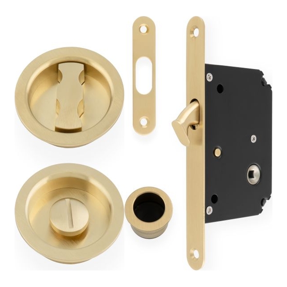 AW110RSBPVD • For 35 to 45mm Door • Satin Brass • Alexander & Wilks Sliding Bathroom Door Lock Set With Round Fittings