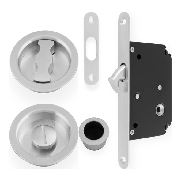 AW110RSC • For 35 to 45mm Door • Satin Chrome • Alexander & Wilks Sliding Bathroom Door Lock Set With Round Fittings